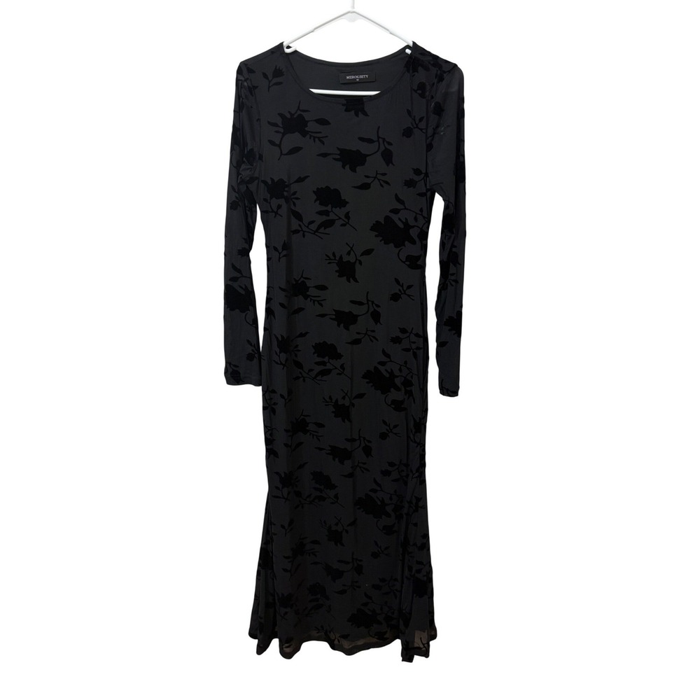 Merokeety Black Velvet Burnout Floral Mesh Long Sleeve Maxi Dress Size M Witchy